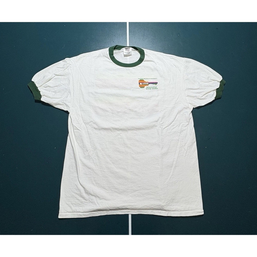 Vintage 90s Eastern Michigan‎ Ringer T-shirt Size Large Orientation 1998 White